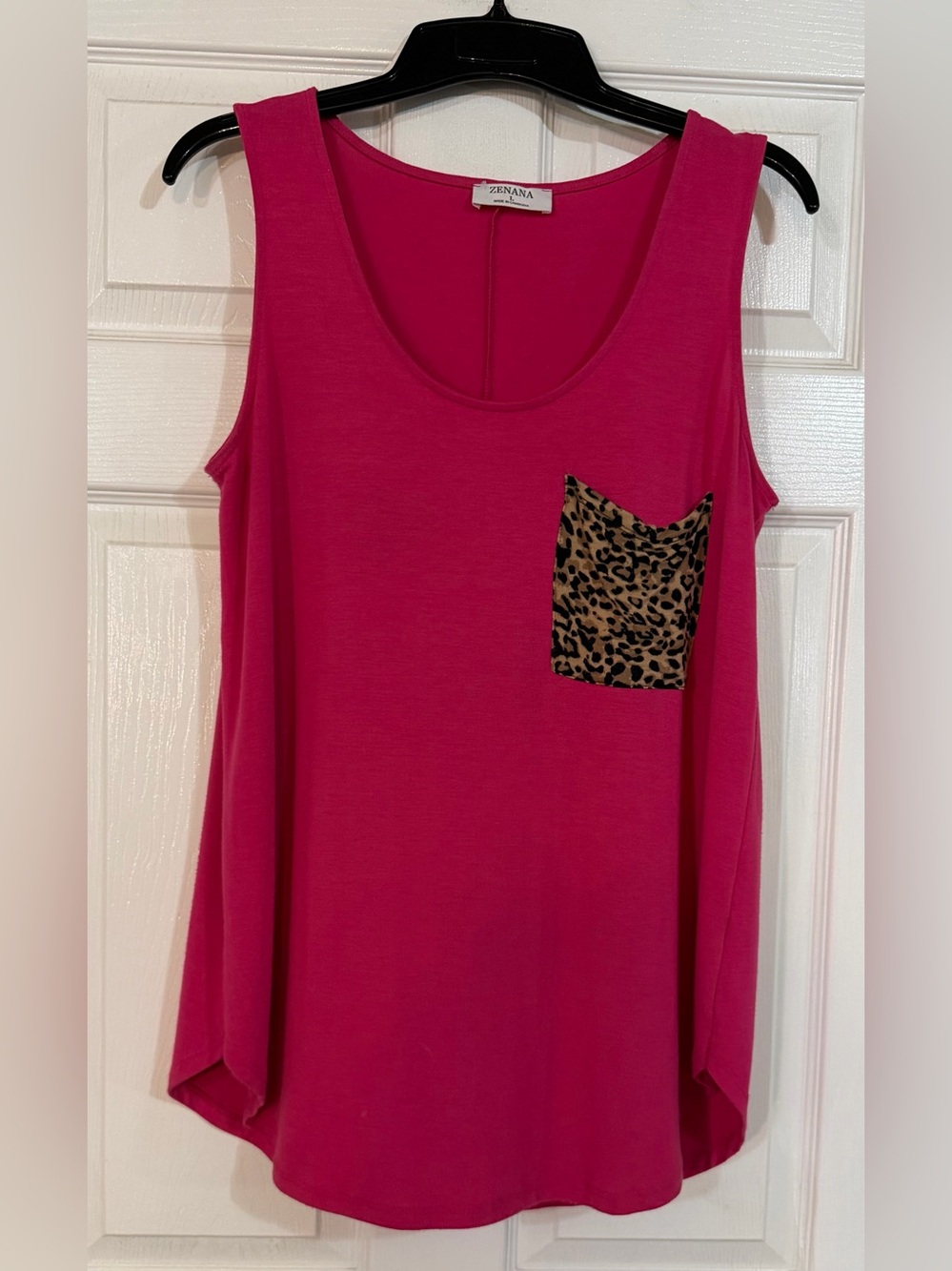 Zenana Tank Top Womens LG Pink Leopard Print Pocket Lightweight Summer Casual